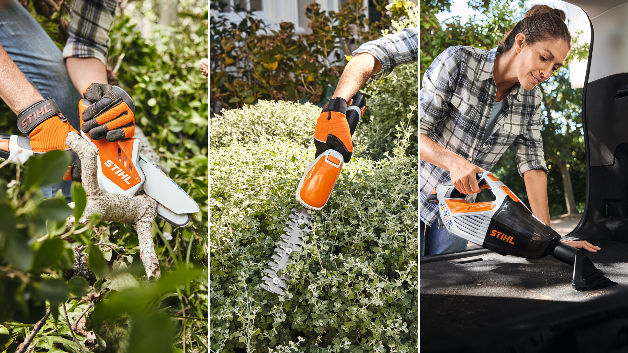 STIHL AS-System power tools: GTA 26 battery garden pruner, HSA 26 battery shears, and SEA 20 battery handheld vacuum